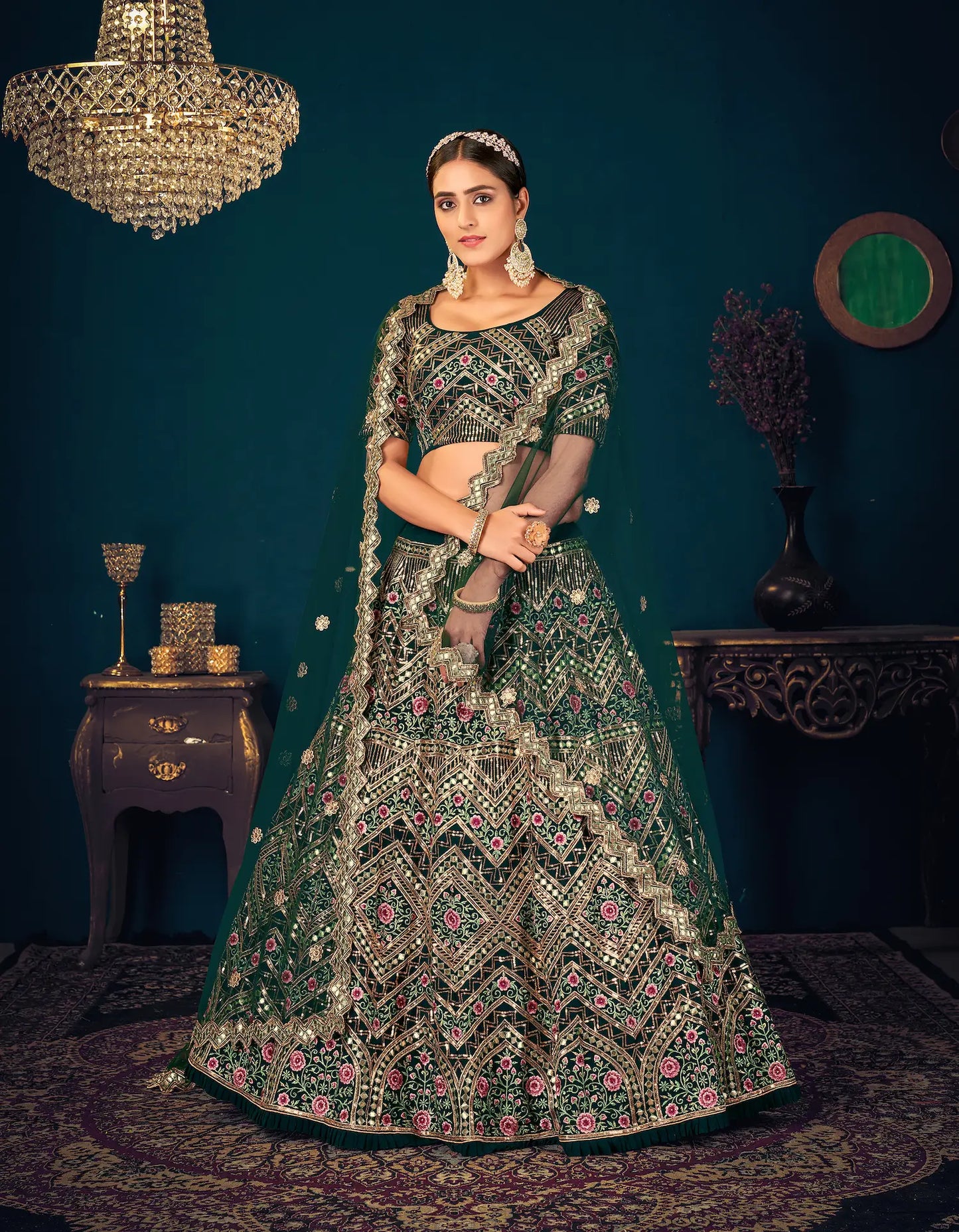 Dark Green Georgette Lehenga Choli with Thread Embroidery, Sequins and Gota Patti