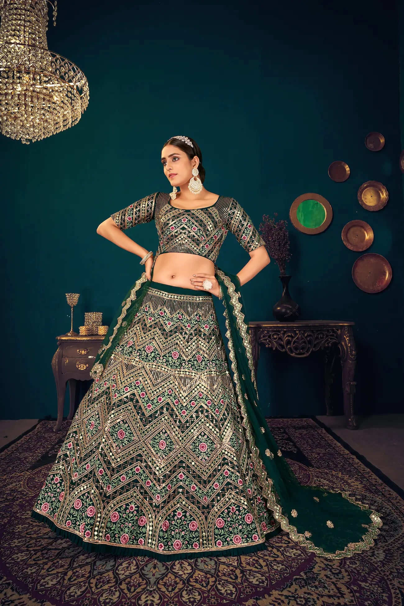 Dark Green Georgette Lehenga Choli with Thread Embroidery, Sequins and Gota Patti
