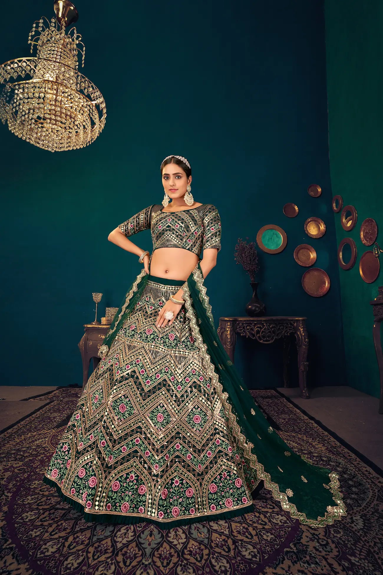 Dark Green Georgette Lehenga Choli with Thread Embroidery, Sequins and Gota Patti
