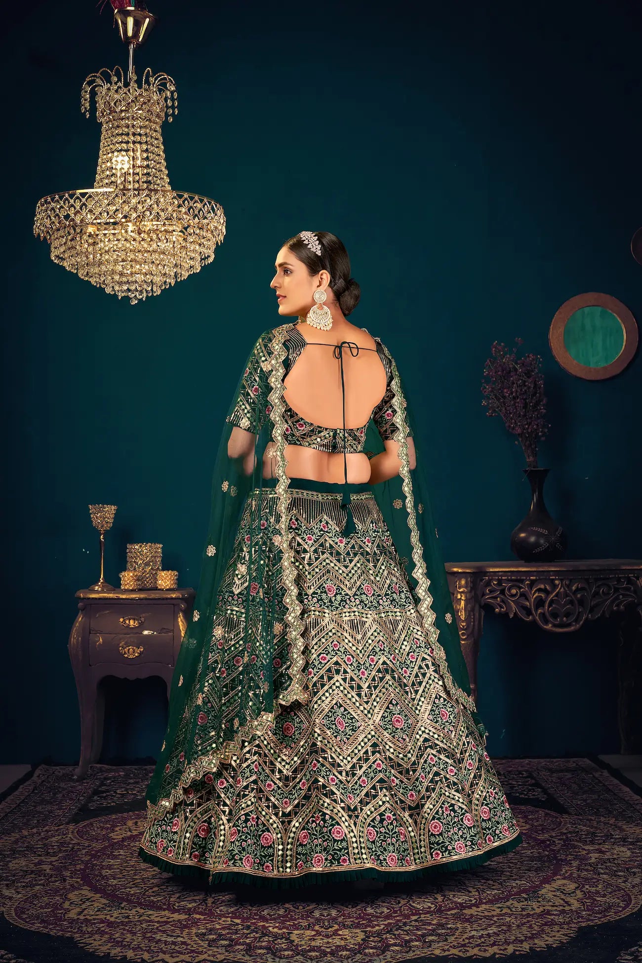 Dark Green Georgette Lehenga Choli with Thread Embroidery, Sequins and Gota Patti