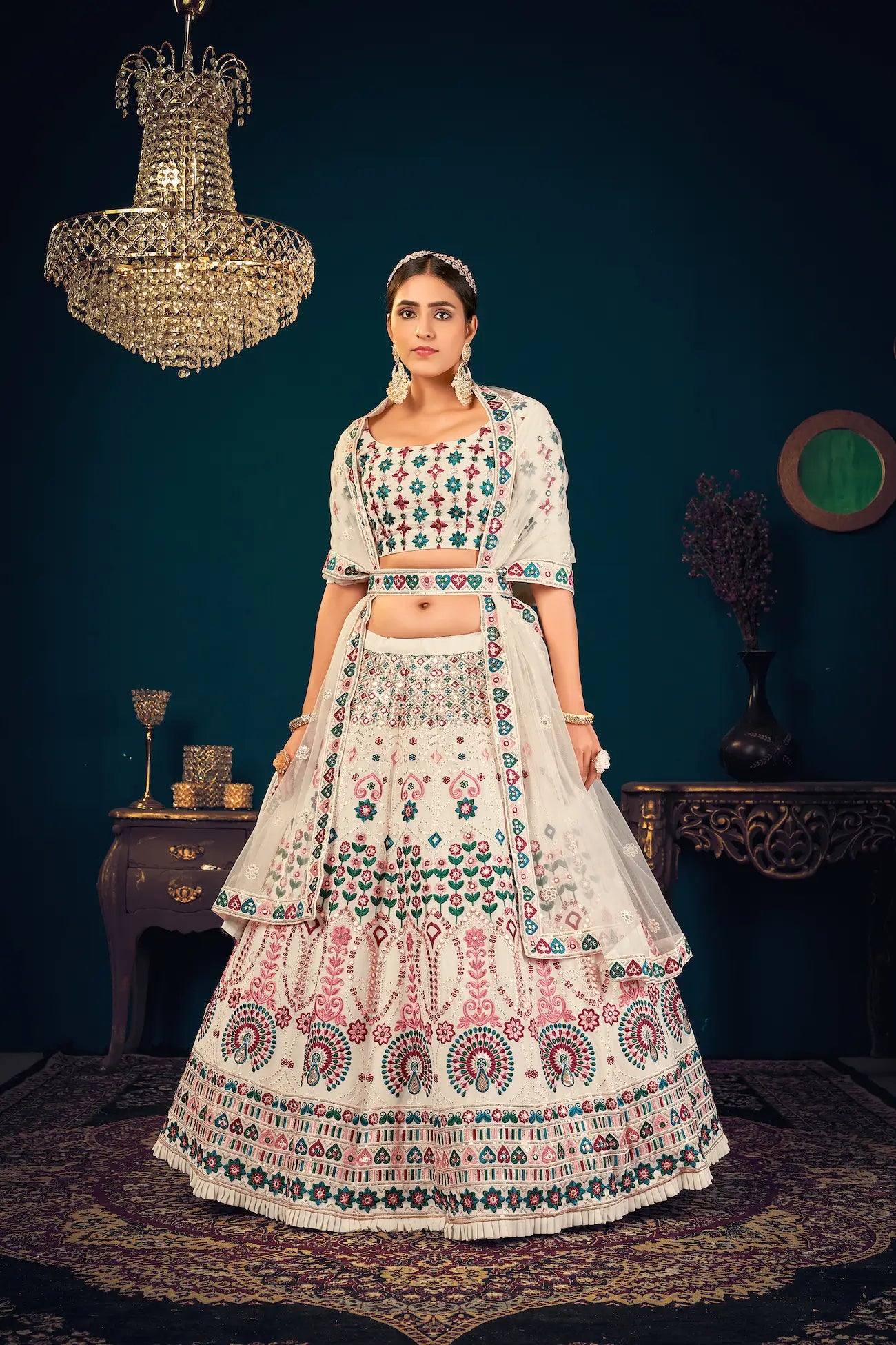 Lehenga Choli en Georgette Blanc Perle avec Broderie en Fil, Sequins et Gota Patti