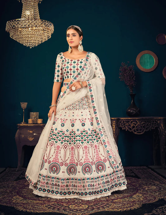 Lehenga Choli en Georgette Blanc Perle avec Broderie en Fil, Sequins et Gota Patti