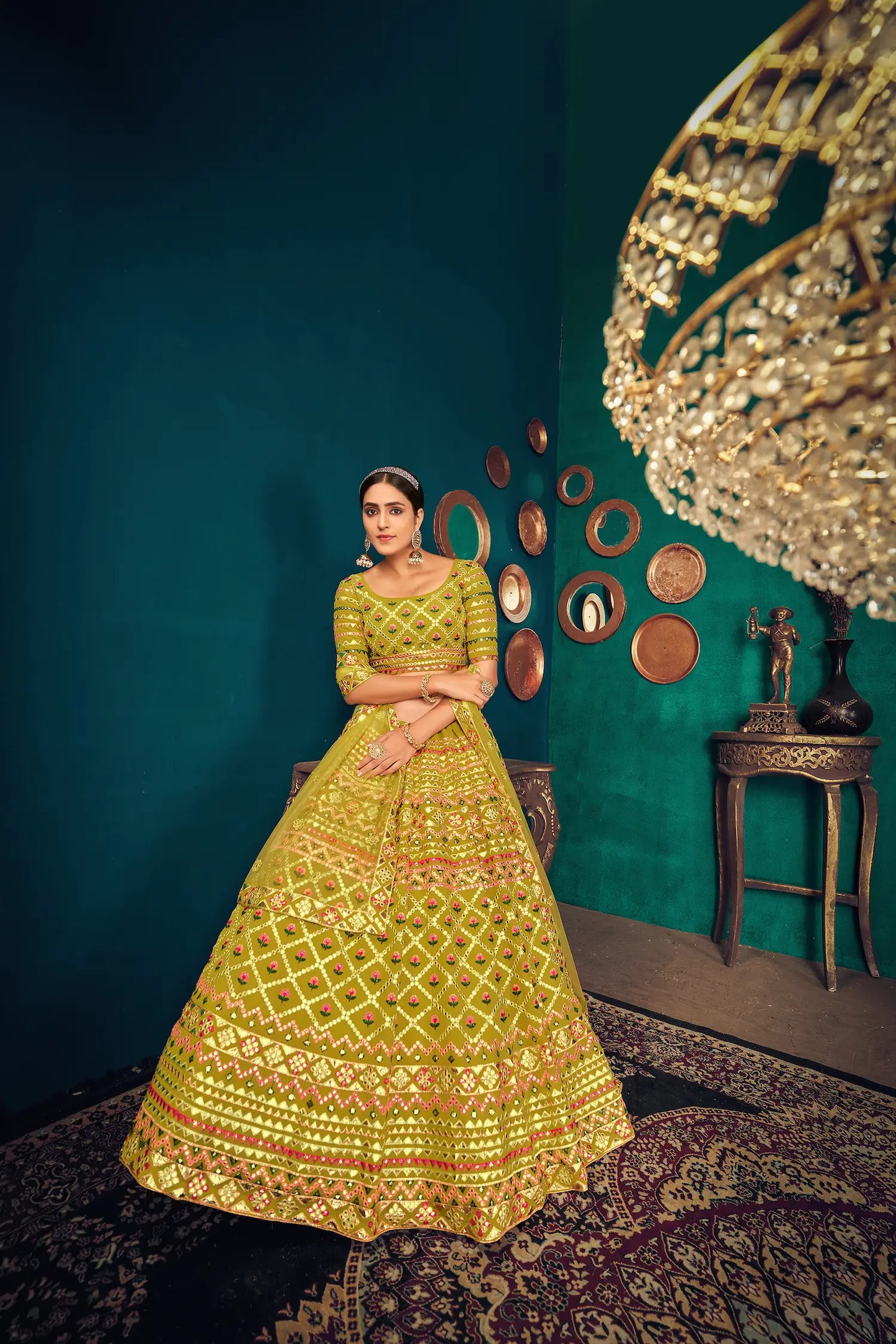 Lehenga Choli en Georgette Vert Citron avec Broderie Multi-Fil et Gota Patti