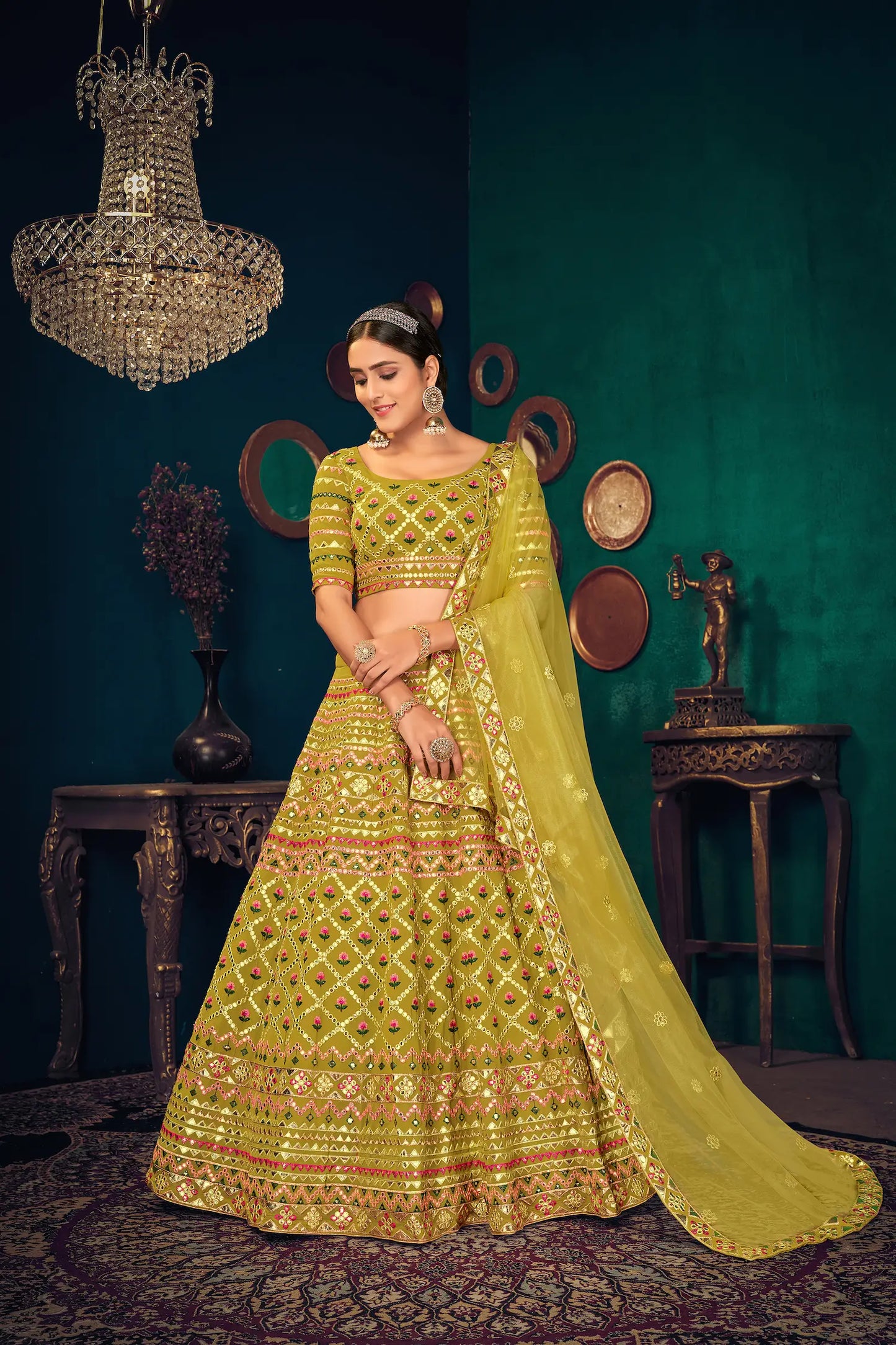 Lehenga Choli en Georgette Vert Citron avec Broderie Multi-Fil et Gota Patti