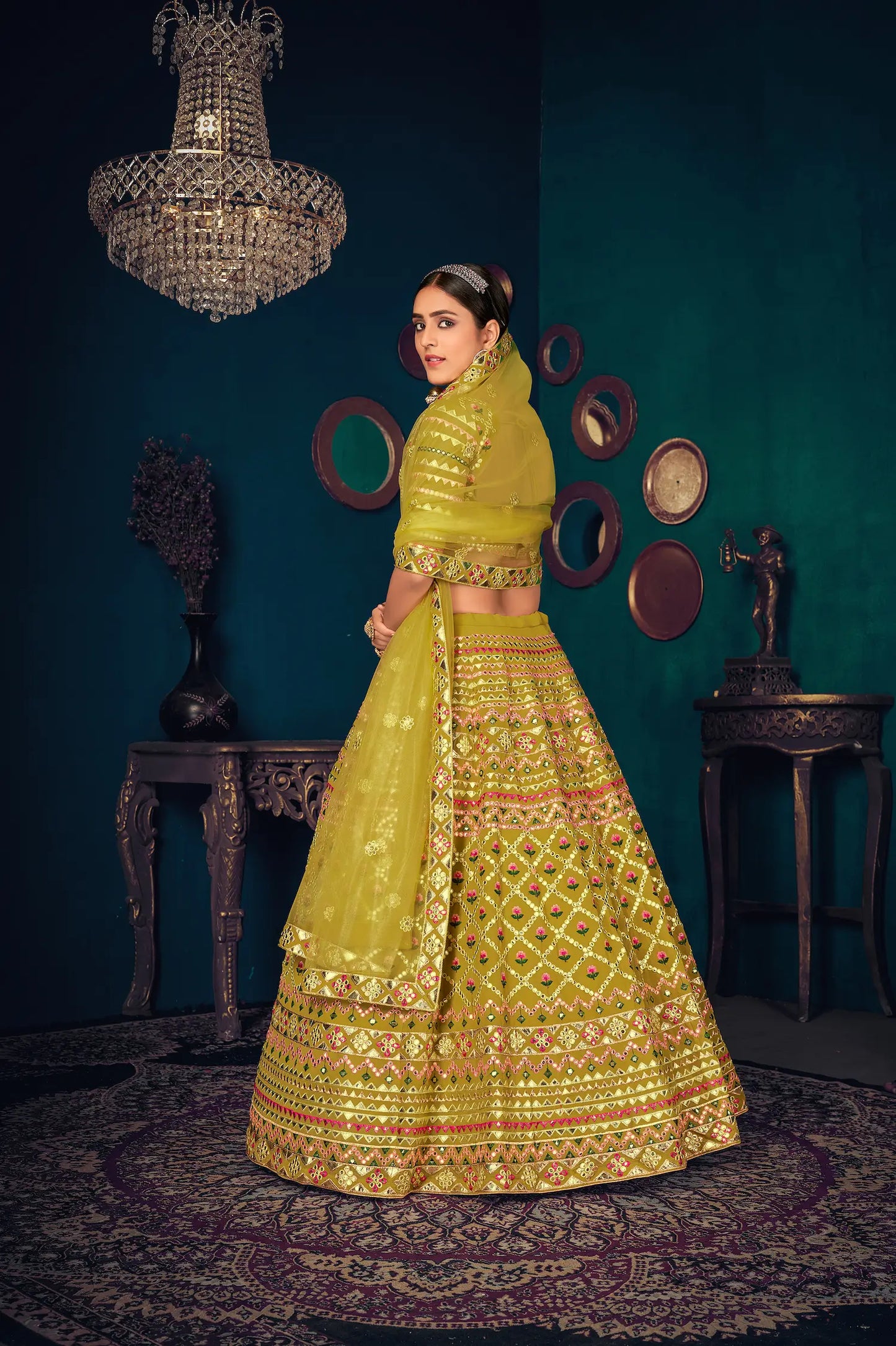 Lehenga Choli en Georgette Vert Citron avec Broderie Multi-Fil et Gota Patti