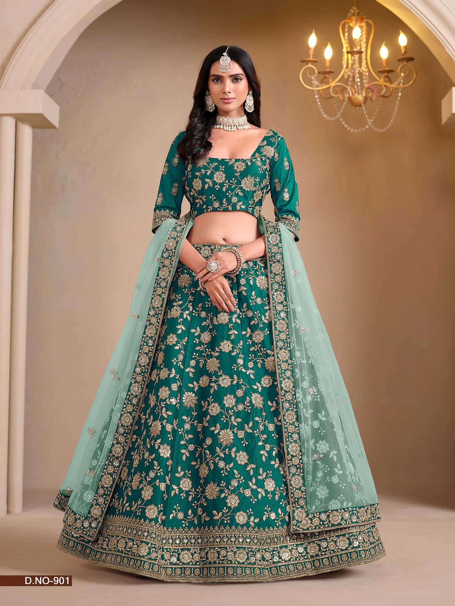 Designer Lehenga Choli aus seegrüner Kunstseide mit Fadenstickerei und Pailletten