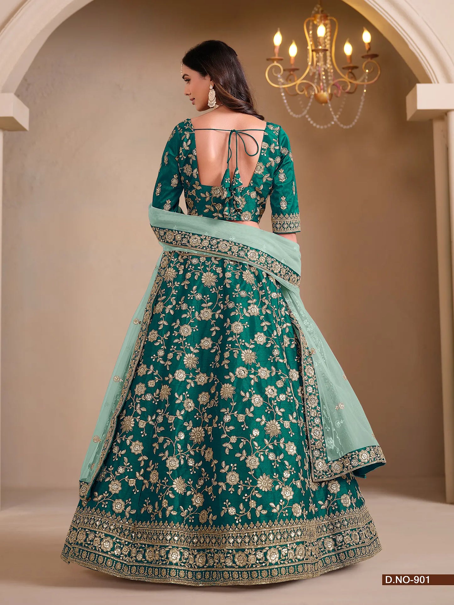 Designer Lehenga Choli aus seegrüner Kunstseide mit Fadenstickerei und Pailletten