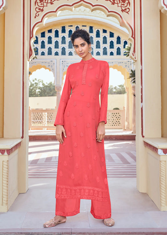 Ensemble Kurta long en georgette rose pêche