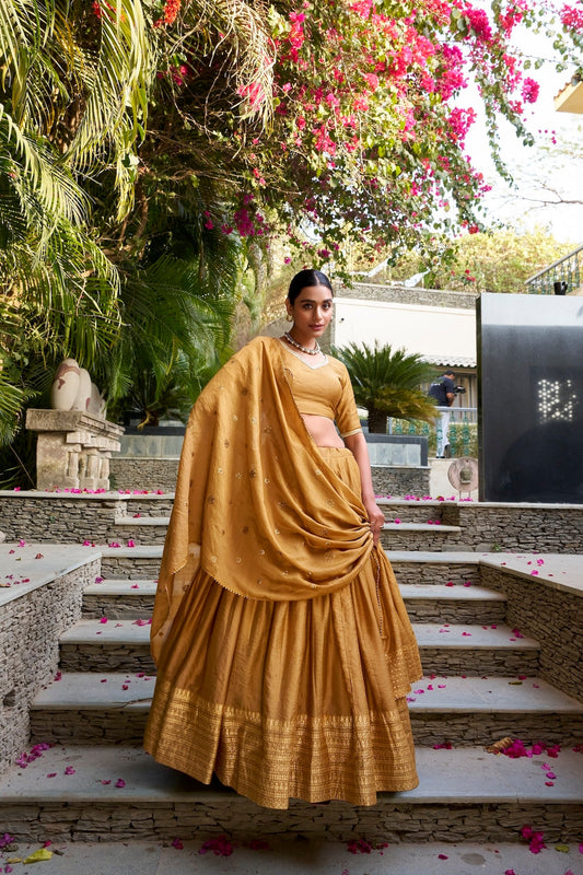 Light Mustard Chanderi Silk Lehenga Choli with Zari Weaving Work