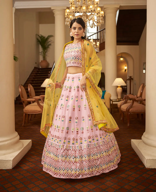 Ensemble Lehenga Rose Tendre en Georgette avec Travail Gota Patti et Broderies