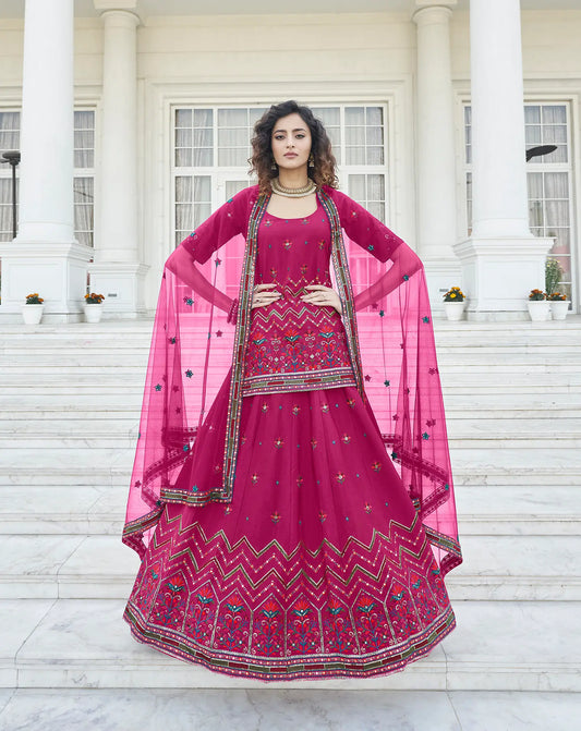 Ensemble Lehenga Rose Vif en Chiffon avec Travail Gota Patti et Broderies Perlées