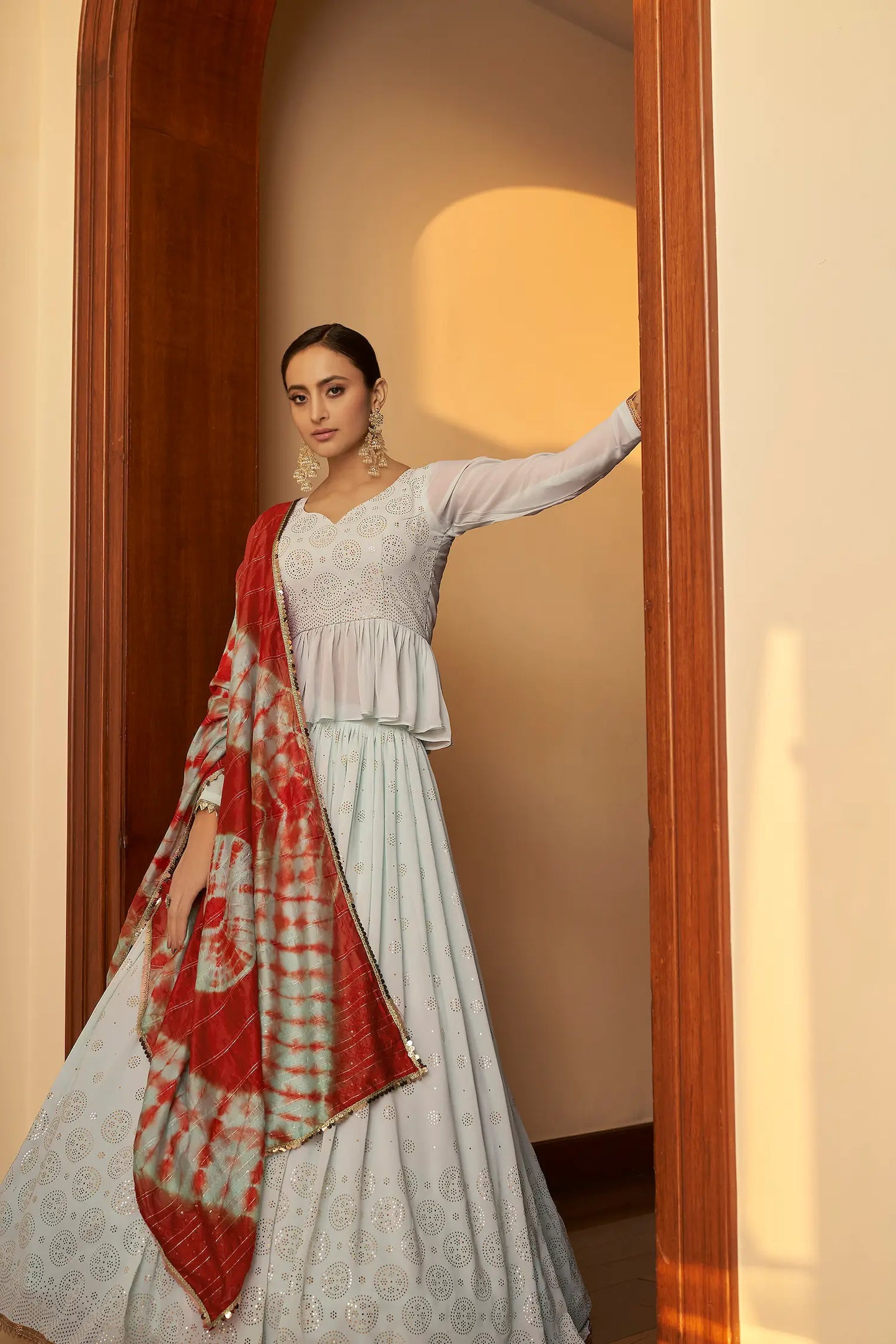 Lehenga Choli en Georgette Bleu Ciel avec Travail Mukaish Embelli