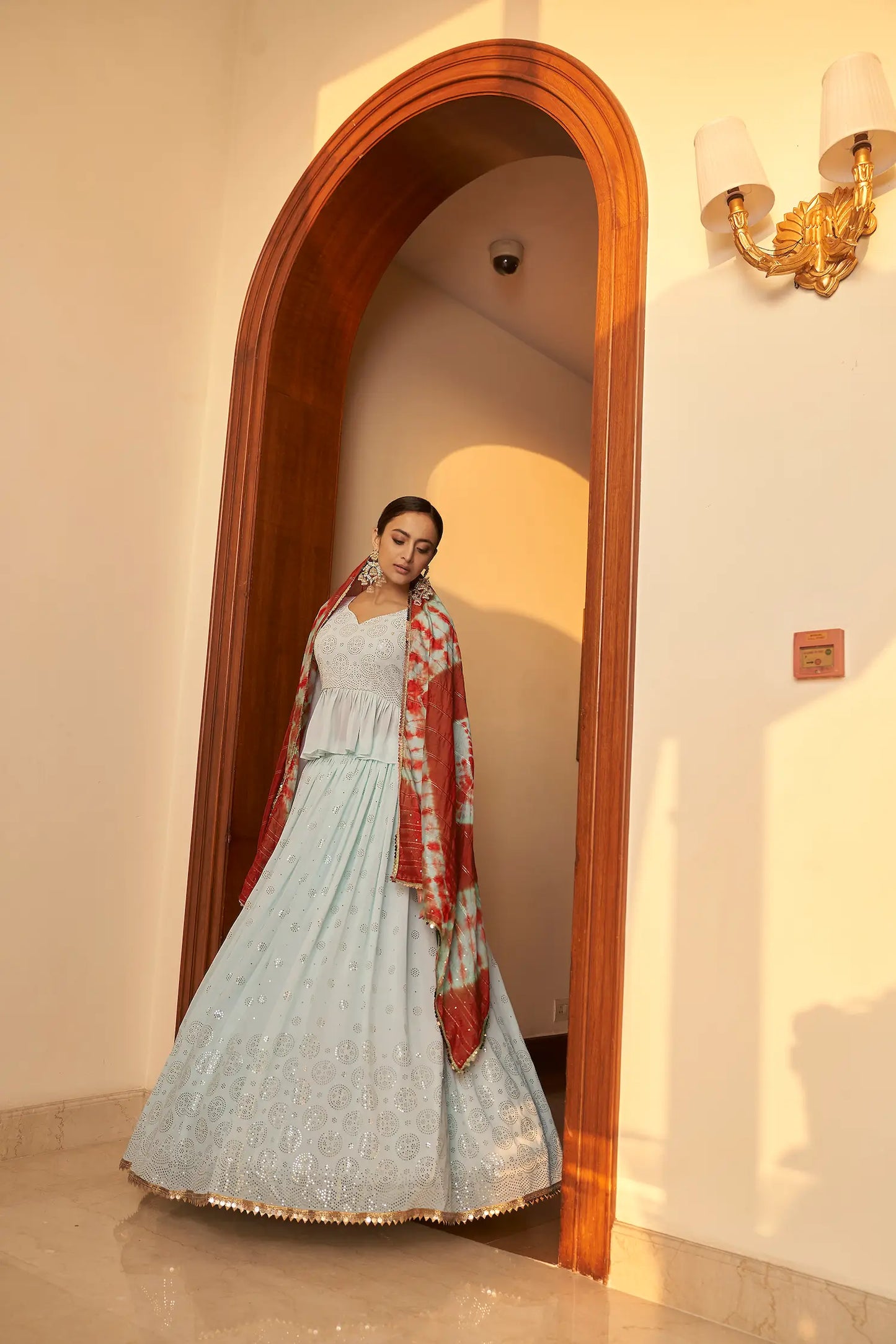 Lehenga Choli en Georgette Bleu Ciel avec Travail Mukaish Embelli
