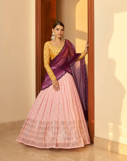 Lehenga Choli en Georgette Rose Clair contrasté avec Travail Mukaish Embelli