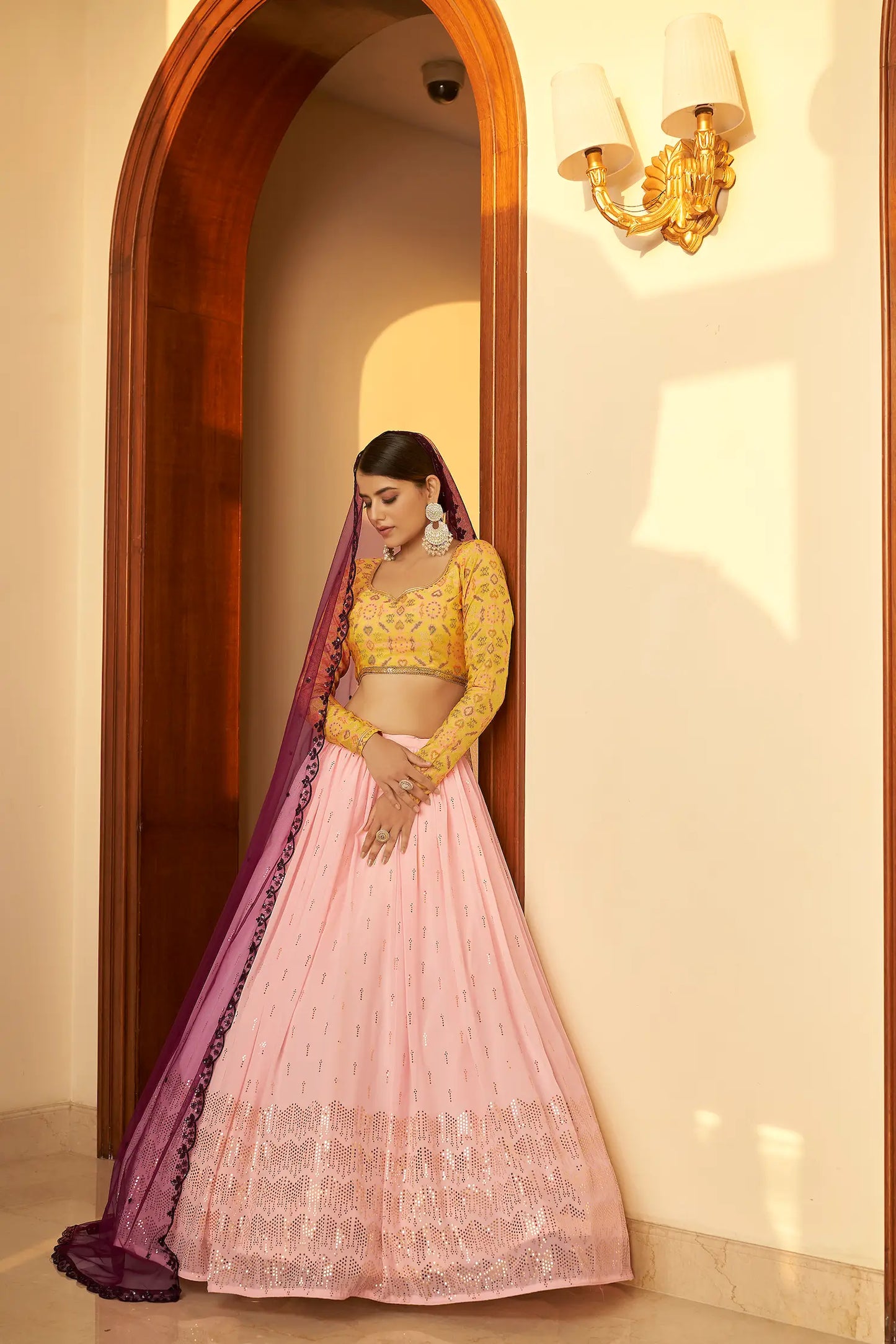 Lehenga Choli en Georgette Rose Clair contrasté avec Travail Mukaish Embelli