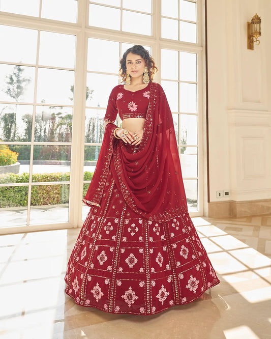 Lehenga Choli en Georgette Rouge avec Broderie en Fil et Sequins