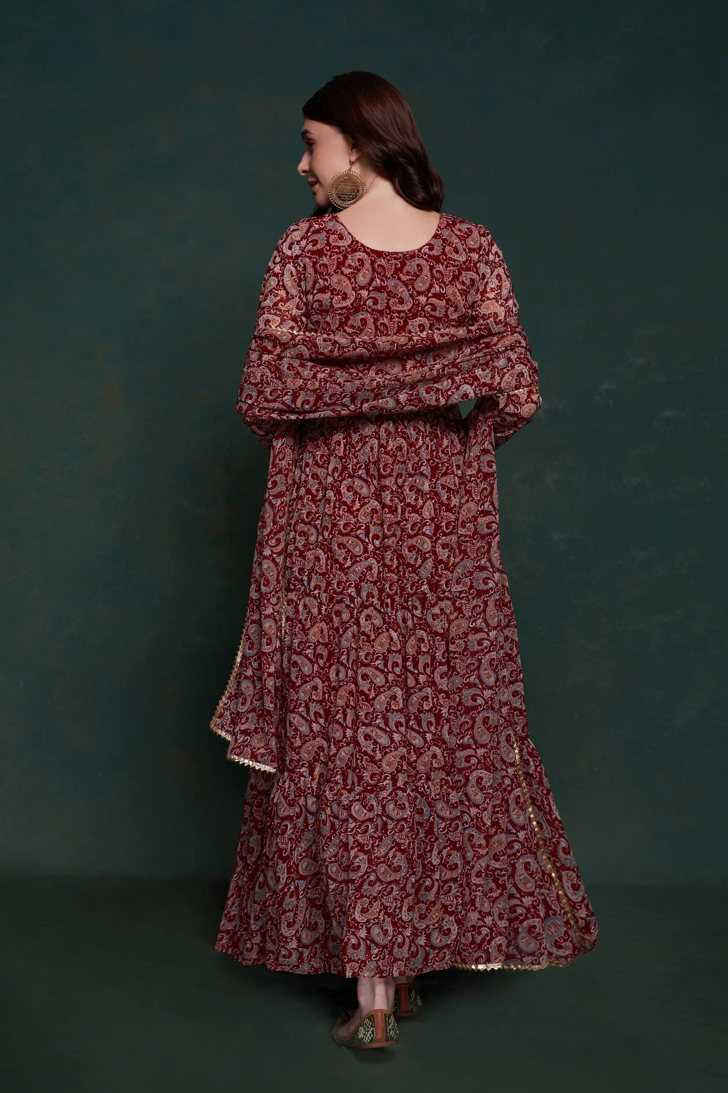 Burgundy printed dress with modern dupatta