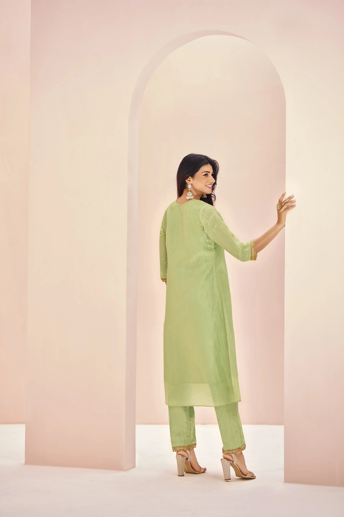 Salwar Suit en Organza Vert Clair avec Broderie à la Main