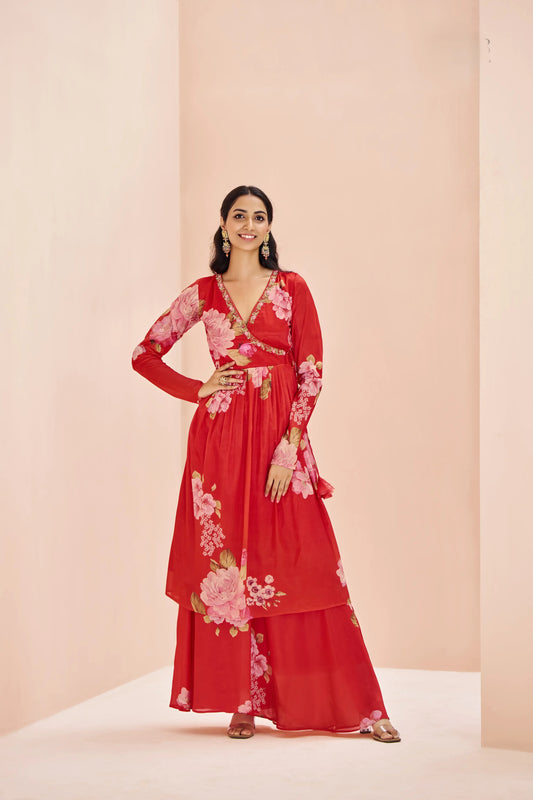 Ensemble Palazzo Rouge en Chinon Imprimé avec Broderie Artisanale