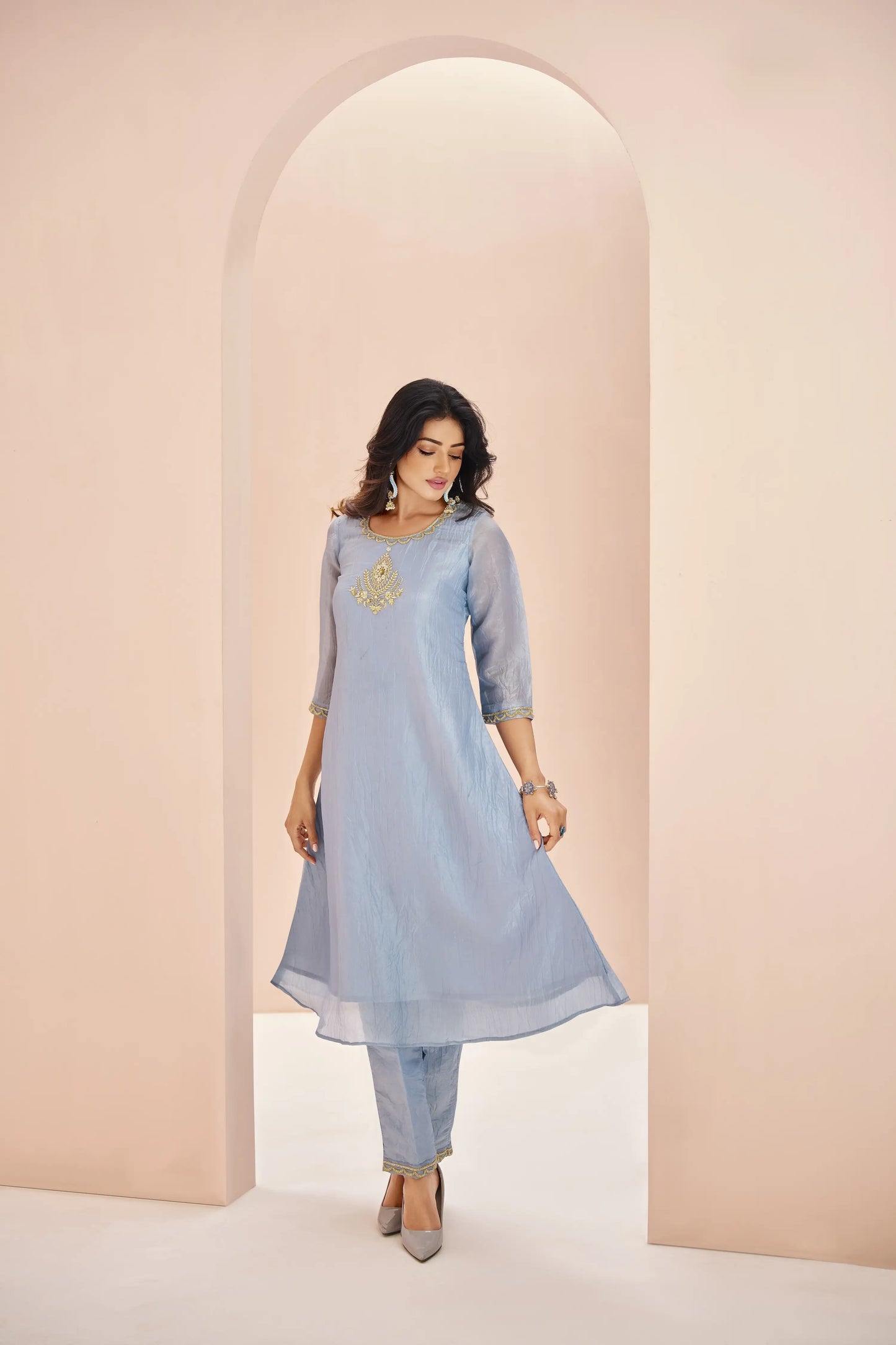 Salwar kameez en organza bleu-vert