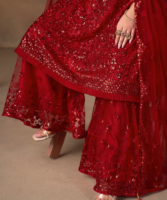 Berry-purple red Sharara set with cord embroidery, sequins and riveted beads
