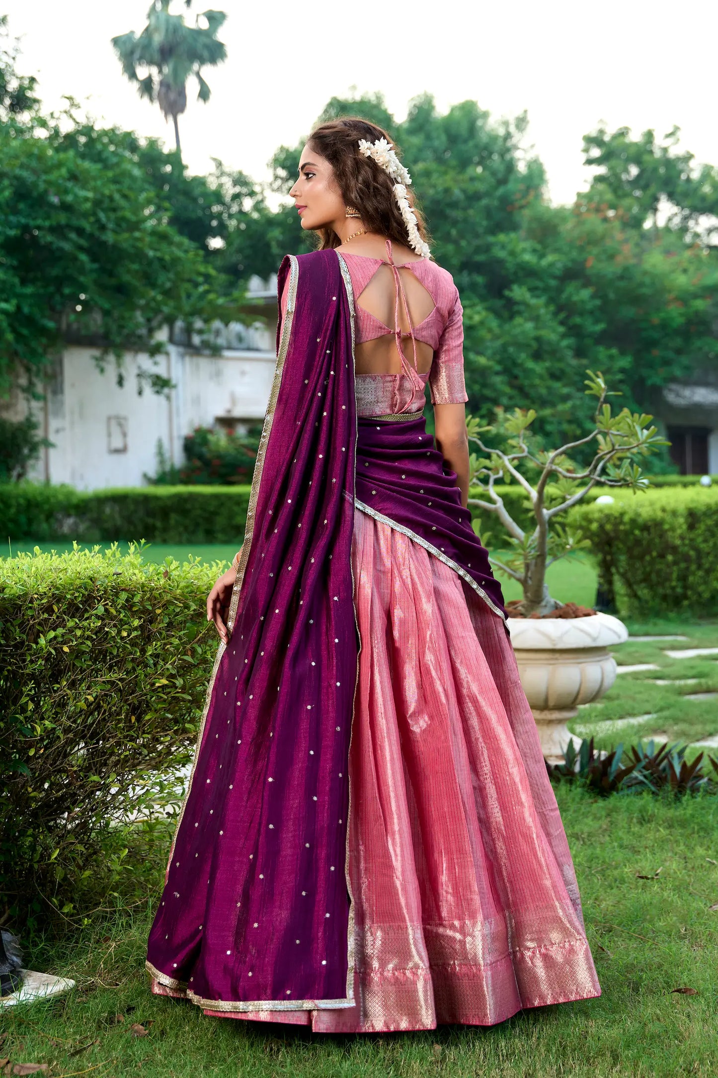 Salmon Pink Lehenga Choli in Kanchipuram with Zari Weaving Work