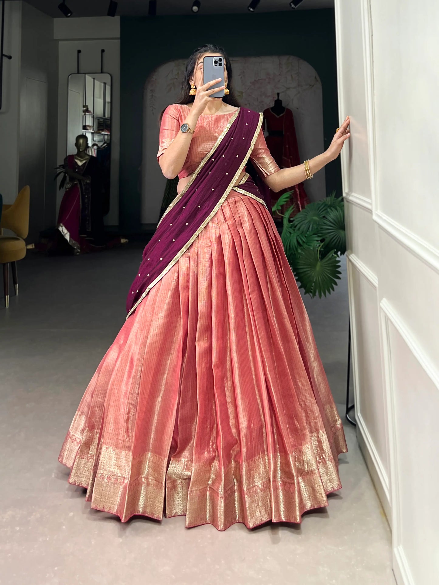 Salmon Pink Lehenga Choli in Kanchipuram with Zari Weaving Work
