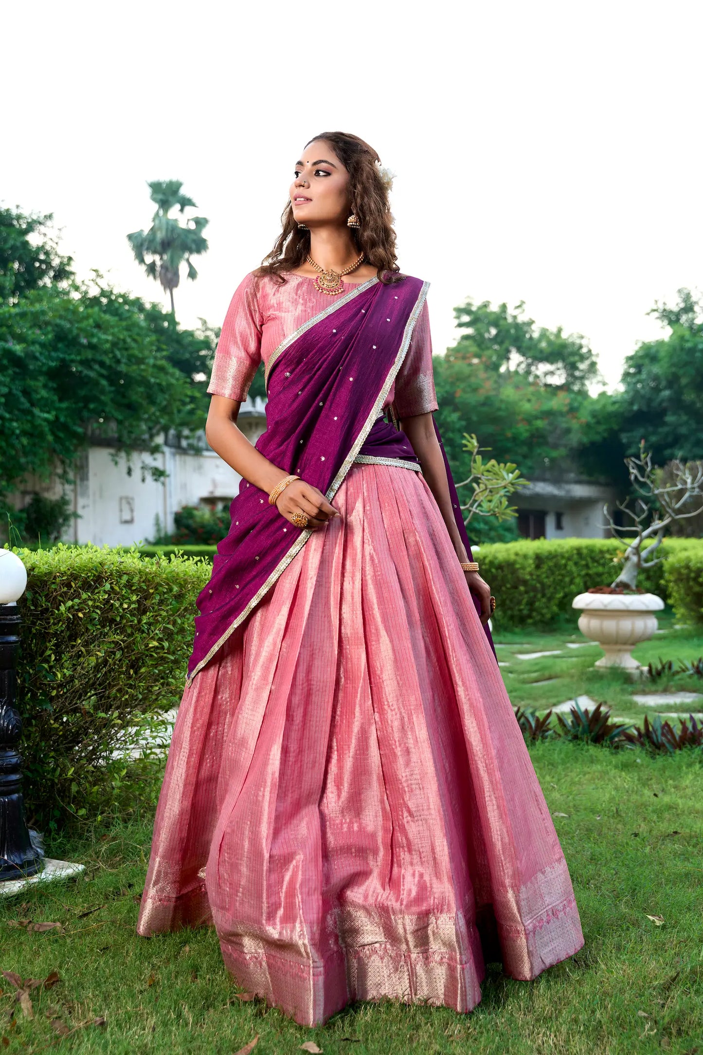 Salmon Pink Lehenga Choli in Kanchipuram with Zari Weaving Work