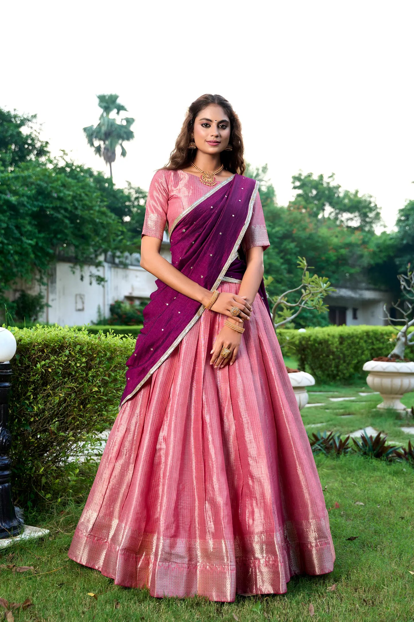 Salmon Pink Lehenga Choli in Kanchipuram with Zari Weaving Work