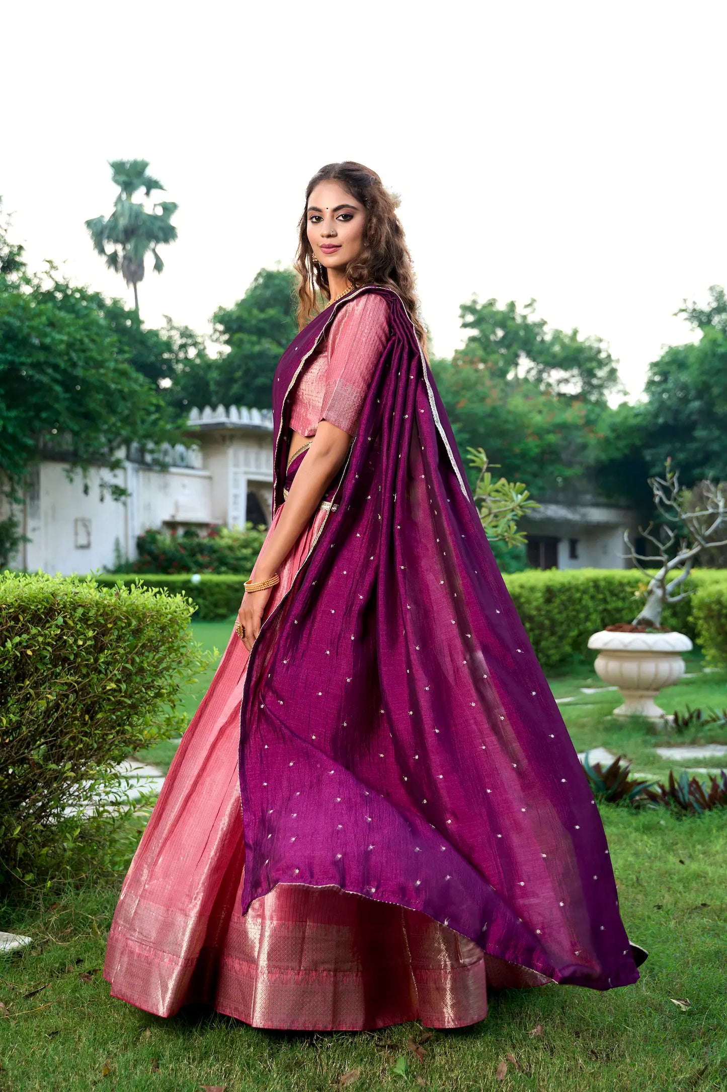 Salmon Pink Lehenga Choli in Kanchipuram with Zari Weaving Work