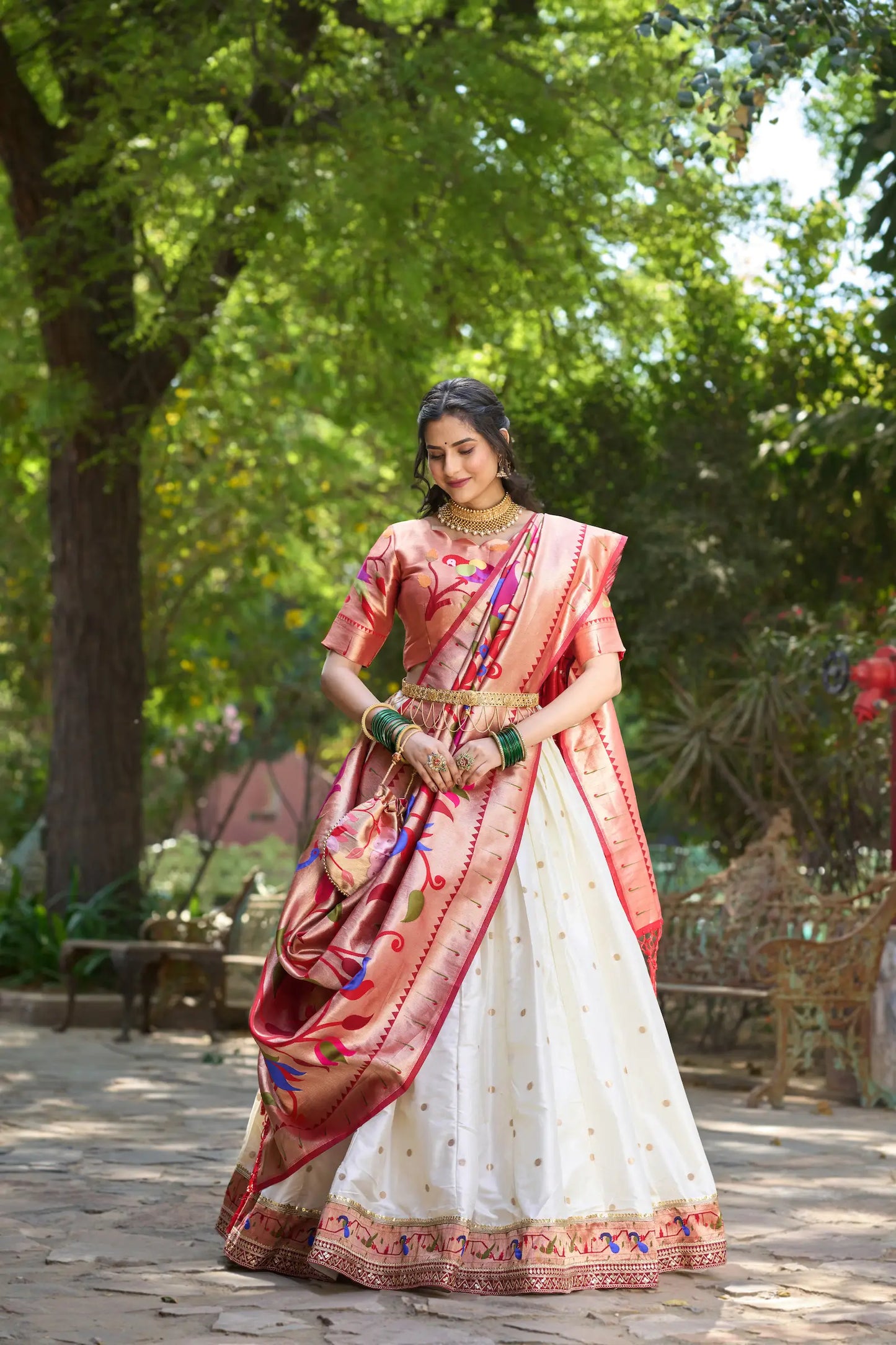 White jacquard silk lehenga choli with zari embroidery