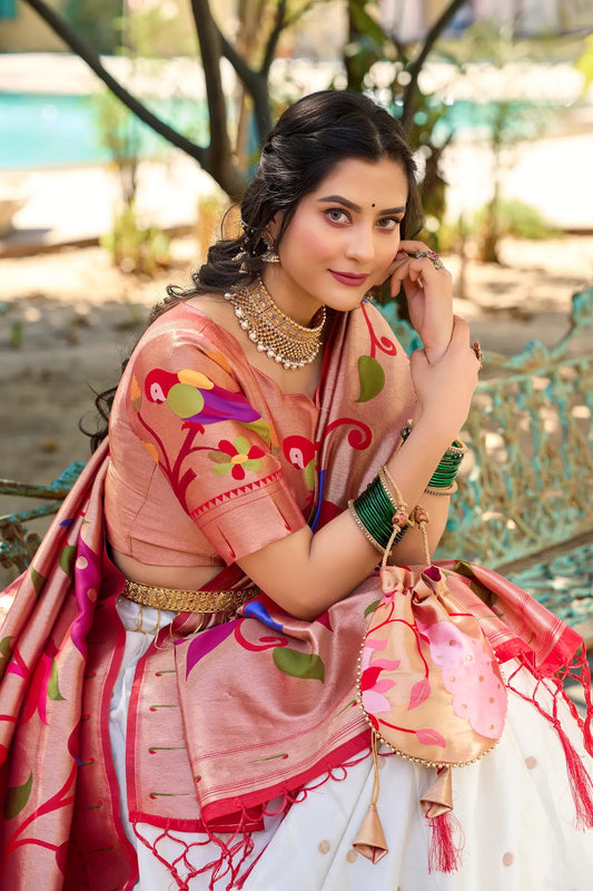 White jacquard silk lehenga choli with zari embroidery