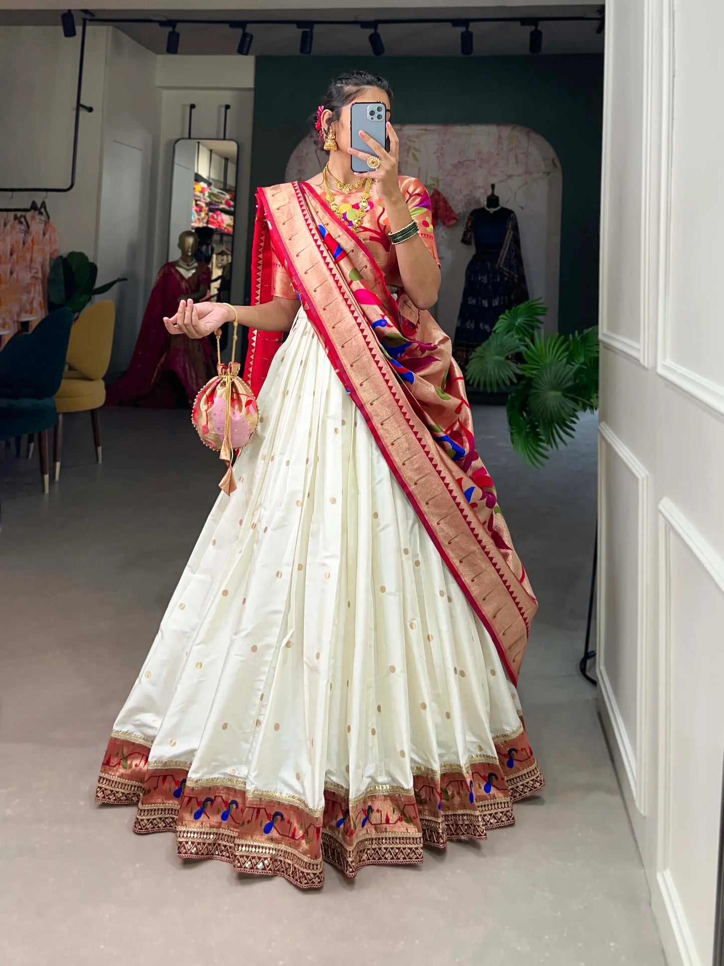 White jacquard silk lehenga choli with zari embroidery