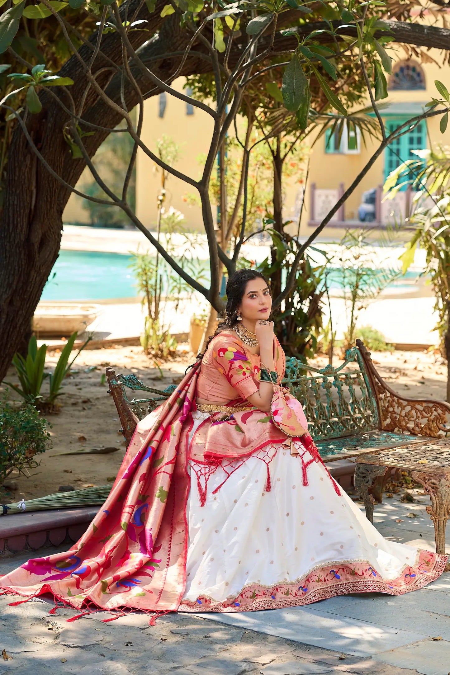 White jacquard silk lehenga choli with zari embroidery