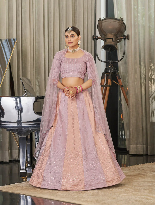 Lehenga Choli en Soie Art Pêche Rose avec Broderie en Sequins et Fil