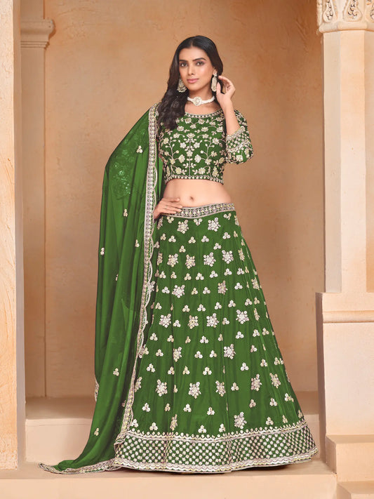 Lehenga Choli Vert en Organza avec Broderie en Fils et Sequins