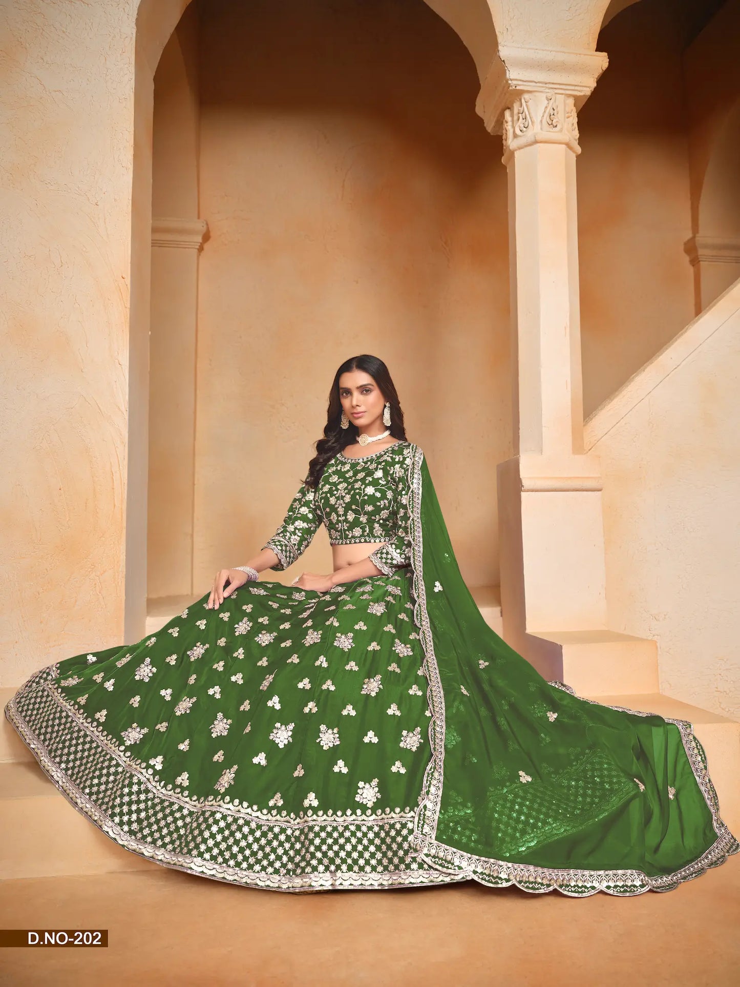 Lehenga Choli Vert en Organza avec Broderie en Fils et Sequins