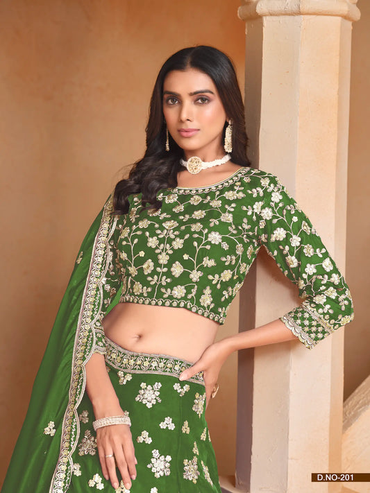 Lehenga Choli Vert en Organza avec Broderie en Fils et Sequins