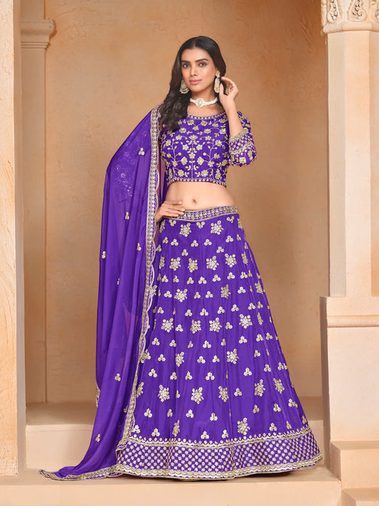 Lehenga Choli Violet en Organza avec Broderie en Fils et Sequins