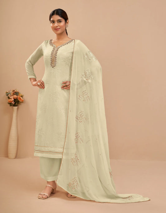 Ensemble salwar en georgette jaune clair avec broderie sequins et dupatta