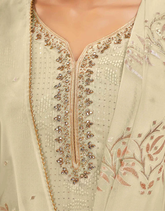 Ensemble salwar en georgette jaune clair avec broderie sequins et dupatta