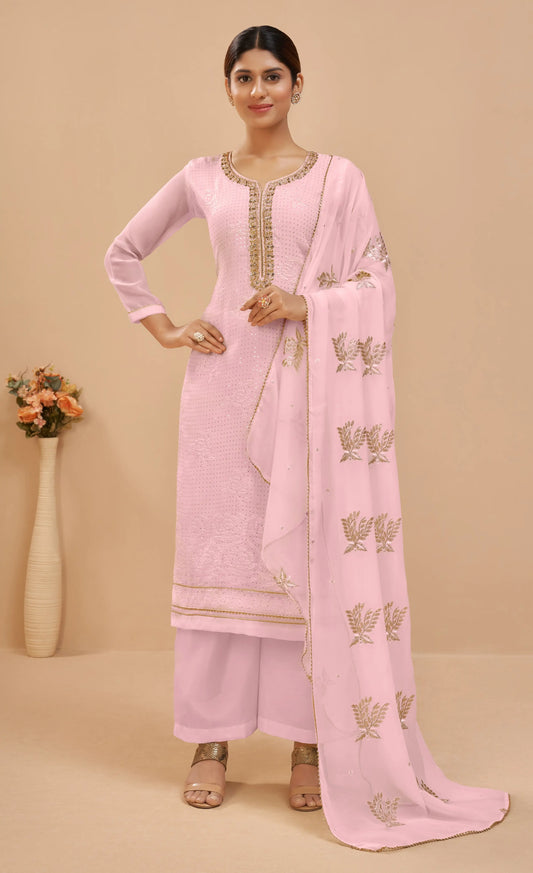 Ensemble Salwar Rose Tendre Poudré en Georgette avec Broderies de Sequins