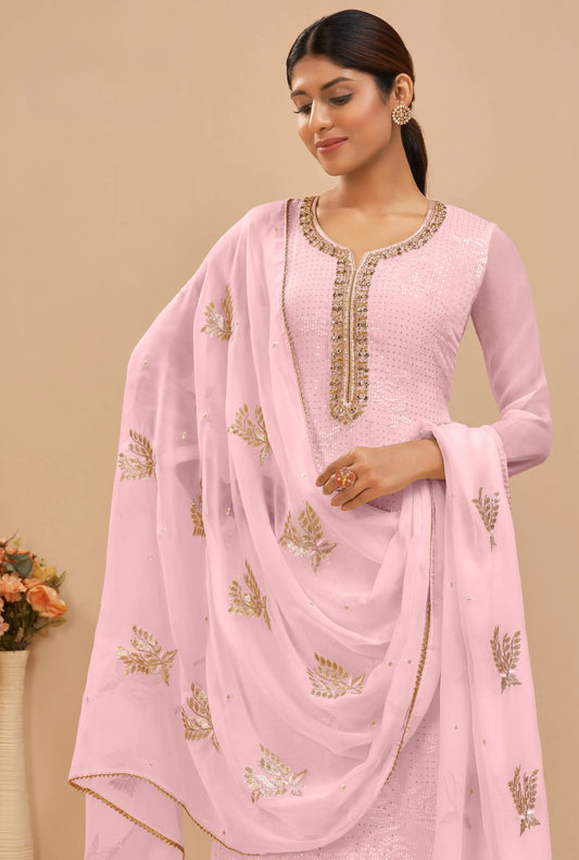 Ensemble Salwar Rose Tendre Poudré en Georgette avec Broderies de Sequins