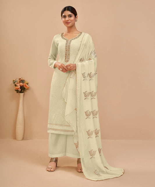 Tenue Indienne Jaune Pastel et Sequins Salwar en georgette avec Dupatta Brodé