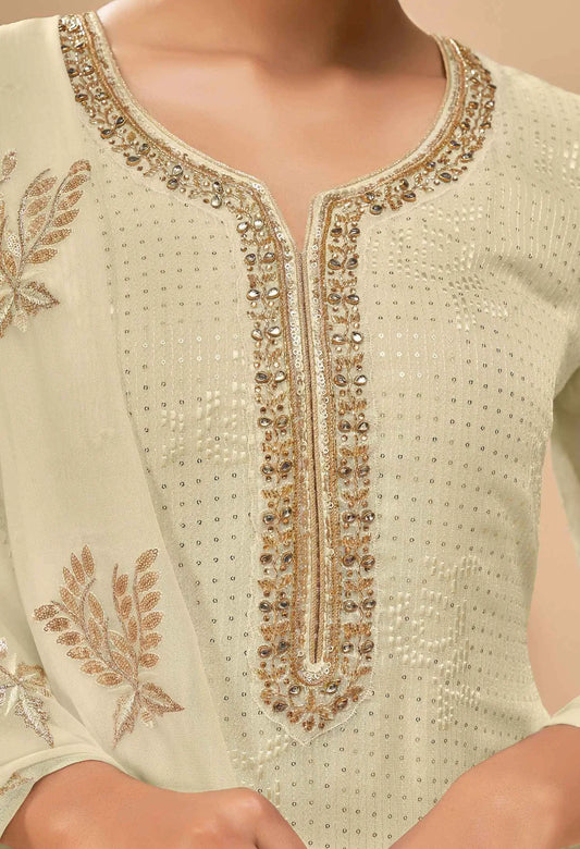 Tenue Indienne Jaune Pastel et Sequins Salwar en georgette avec Dupatta Brodé
