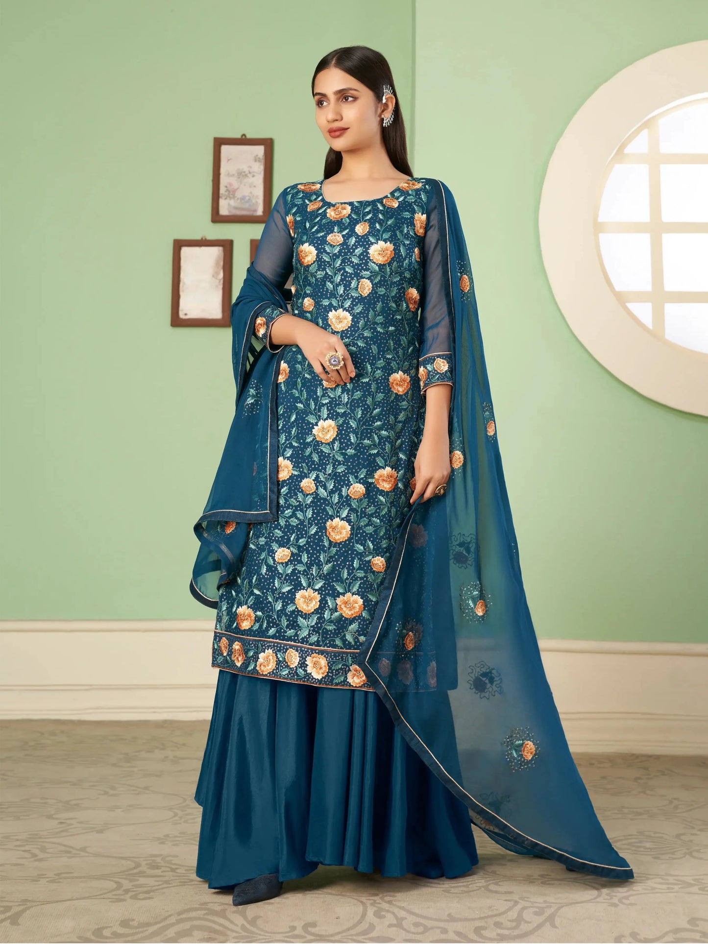 Königsblaues Palazzo-Set | Traditionelles Georgette-Kleid | Abendkleid mit prächtiger Stickerei