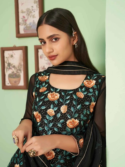Ensemble Sharara Palazzo Noir Chic | Robe Traditionnelle en Georgette | Tenue de Soirée avec Broderies Raffinées