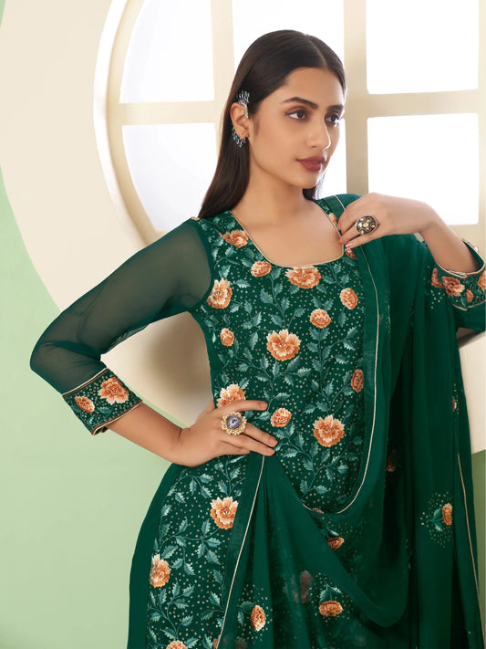 Ensemble Palazzo Vert Élégant | Robe Traditionnelle en Georgette | Tenue de Soirée avec Broderies Somptueuses