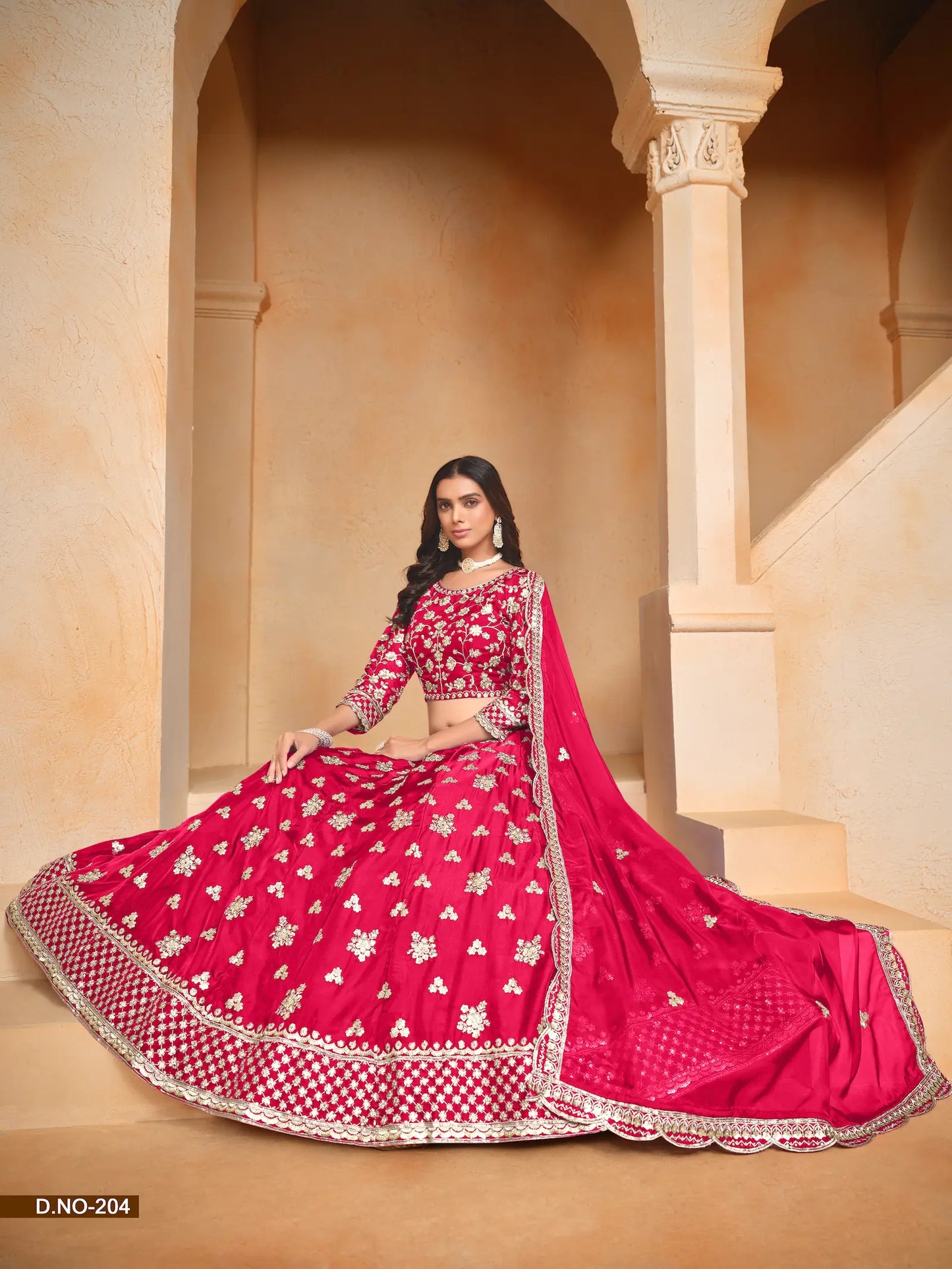 Lehenga Choli en Organza Rouge avec Broderie en Fils et Sequins