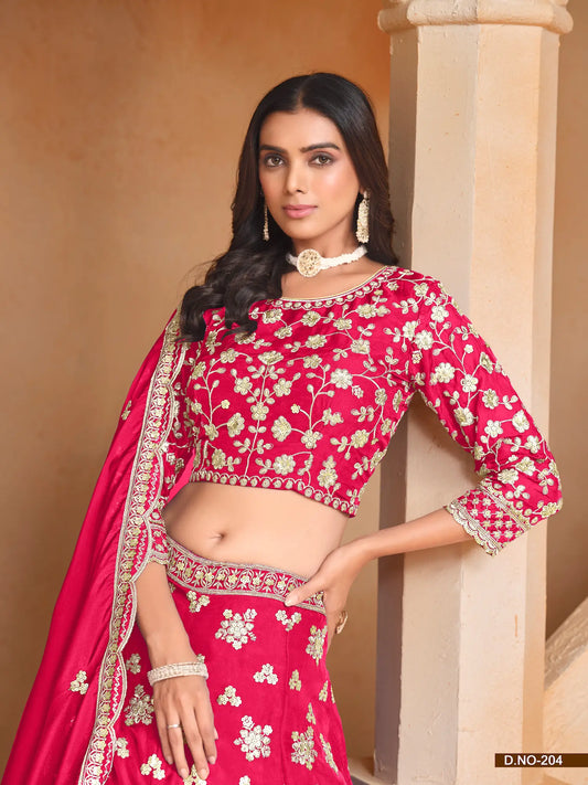 Lehenga Choli en Organza Rouge avec Broderie en Fils et Sequins